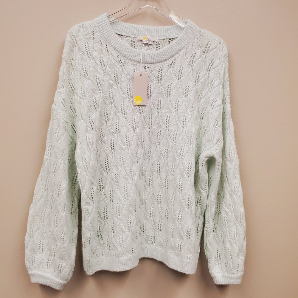Boden Wool Alpaca Blend Pointelle Fluffy Sweater Avocado Cream Sz US 12 NWT